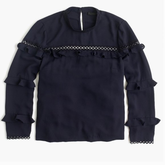 J. CREW Tiered Ruffle Top With Scallop Lace Trim Navy Blue {VV22} - Picture 1 of 6